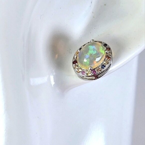 925 Sterling Silver Earrings with Natural White Opal 9x7mm & Sapphire Gemstone - Picture 3 of 6